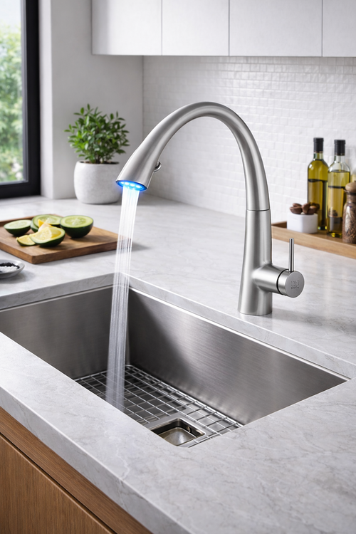 نمونه نصب شده شیر شاوری زو برند KWC رنگ کروم براق